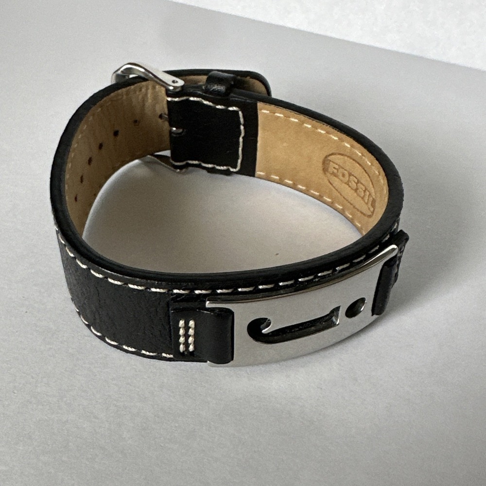 Fossil Genuine Leather Initial J Bracelet Black Cuff White Stitching Unisex
